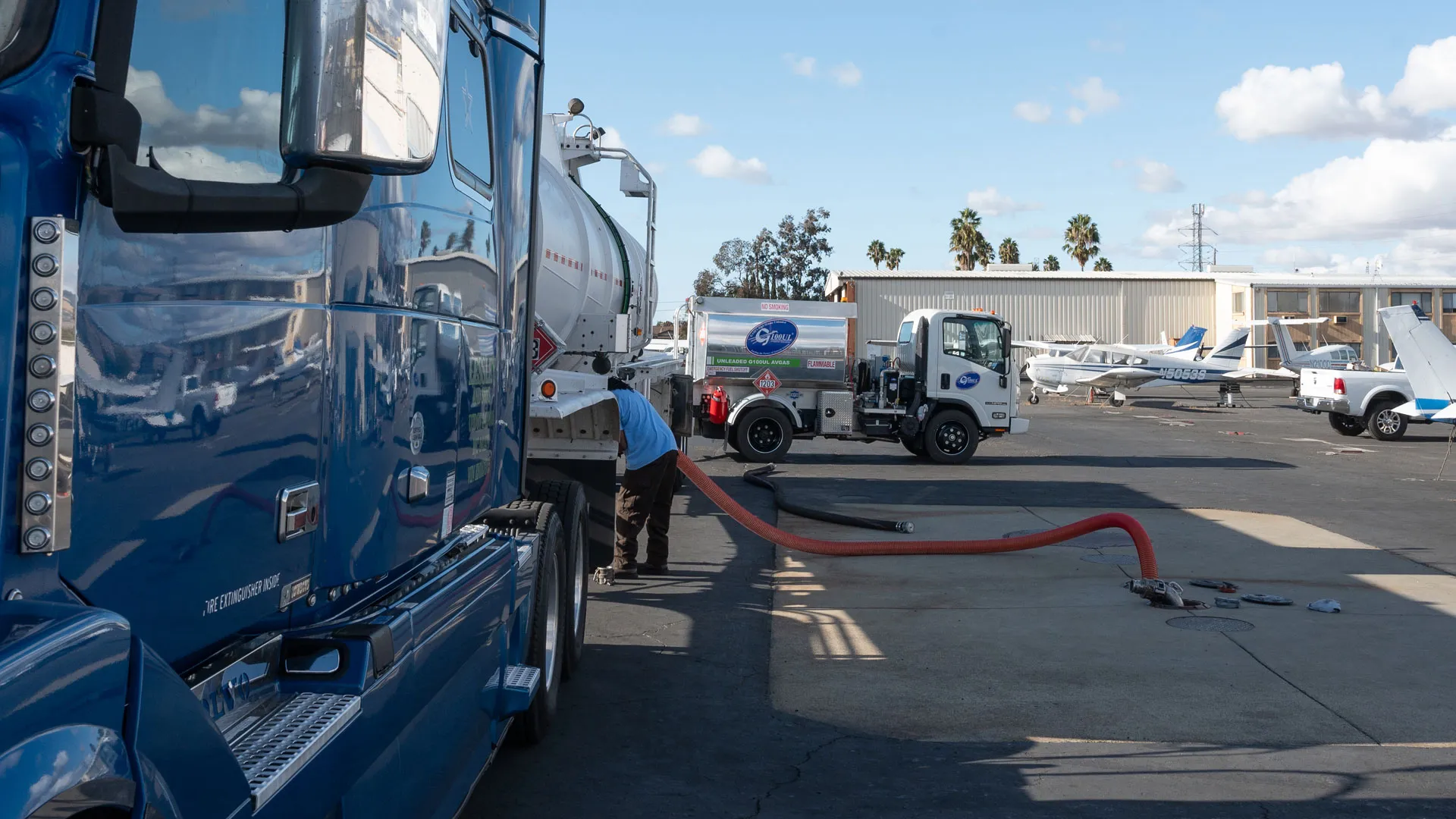 The first shipment of G100UL avgas being transferred to underground tanks at RHV airport